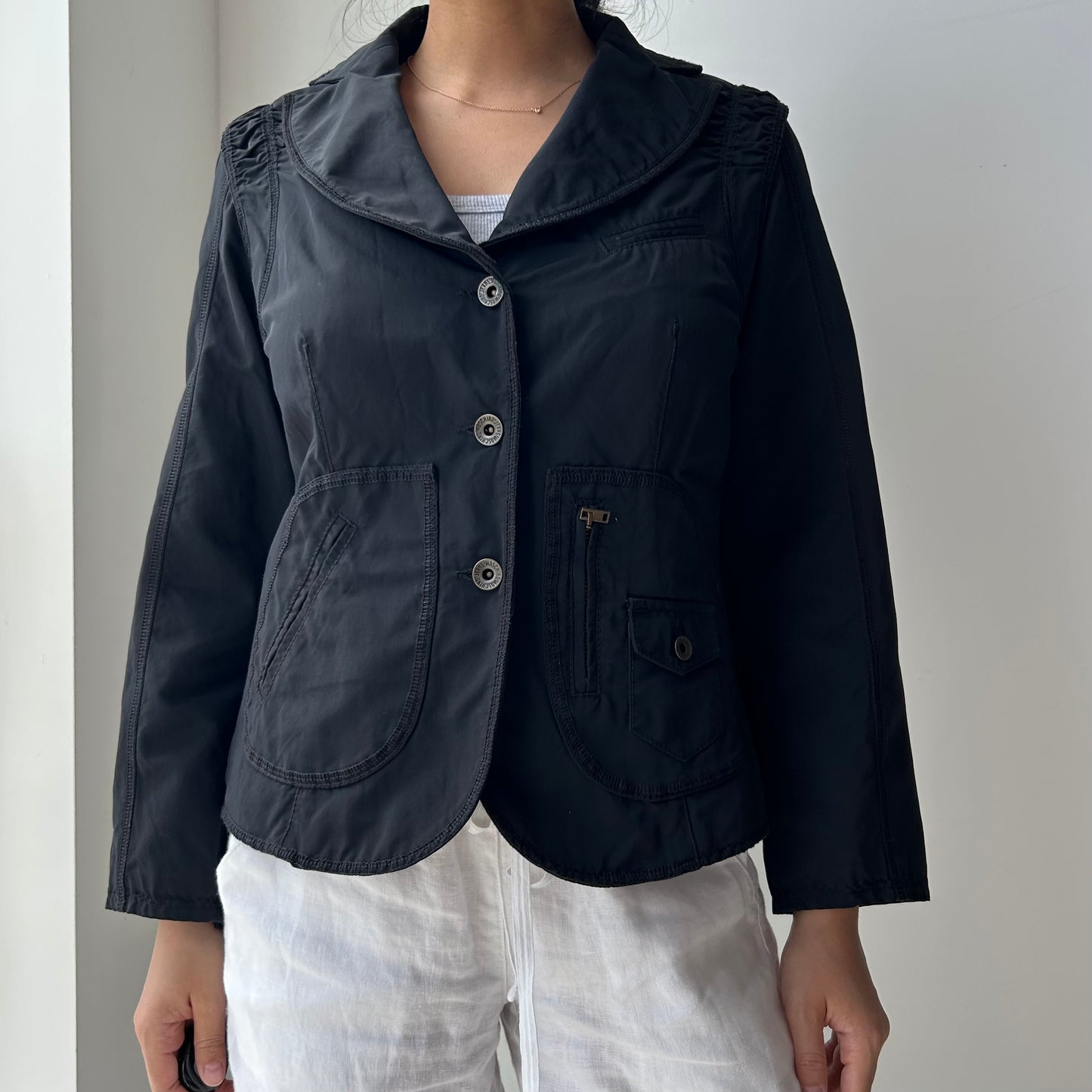 Moschino Jeans Black Button Front Convertible Utility Jacket - Small