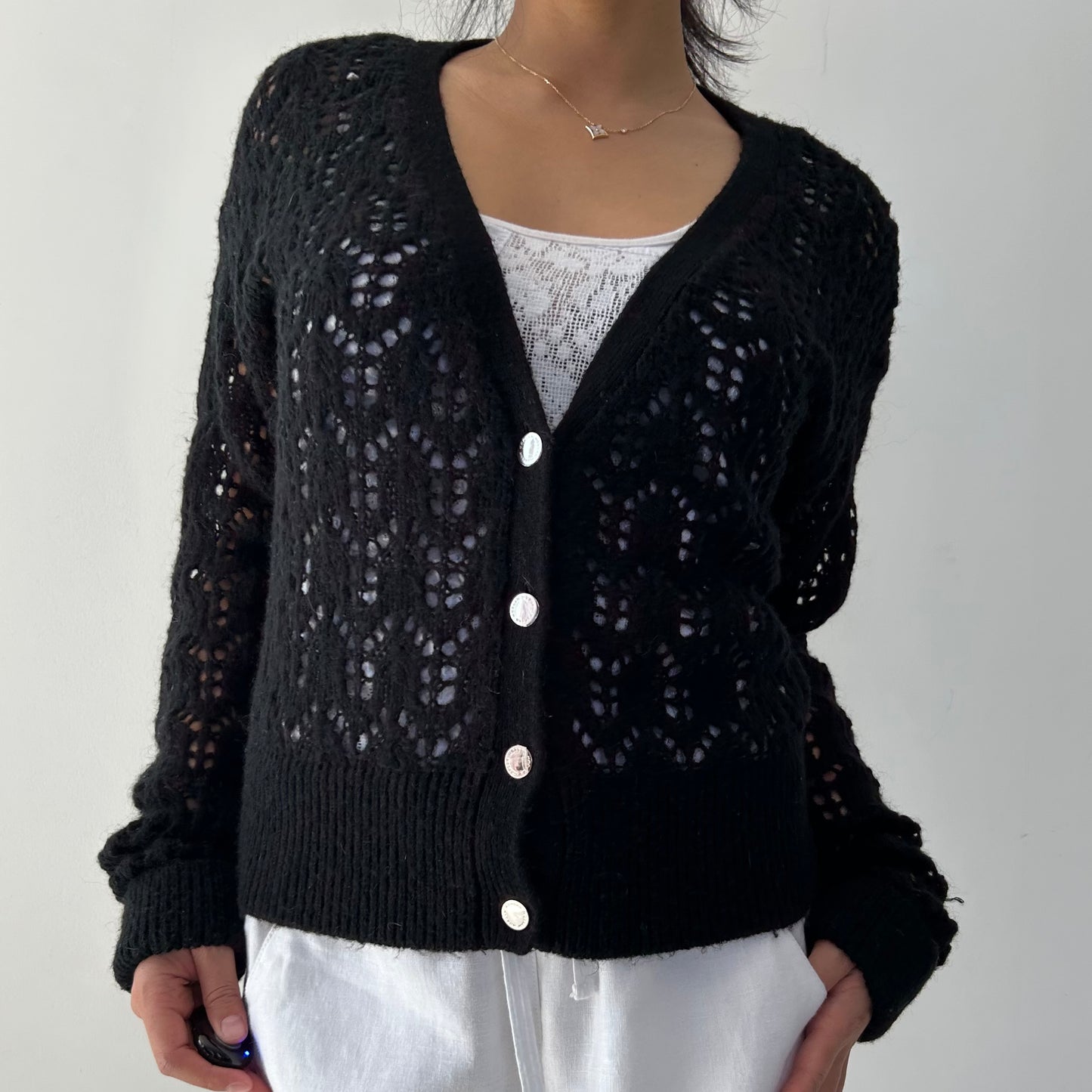 Morgan de Toi Black Wool and Alpaca Open Knit Cardigan - Small