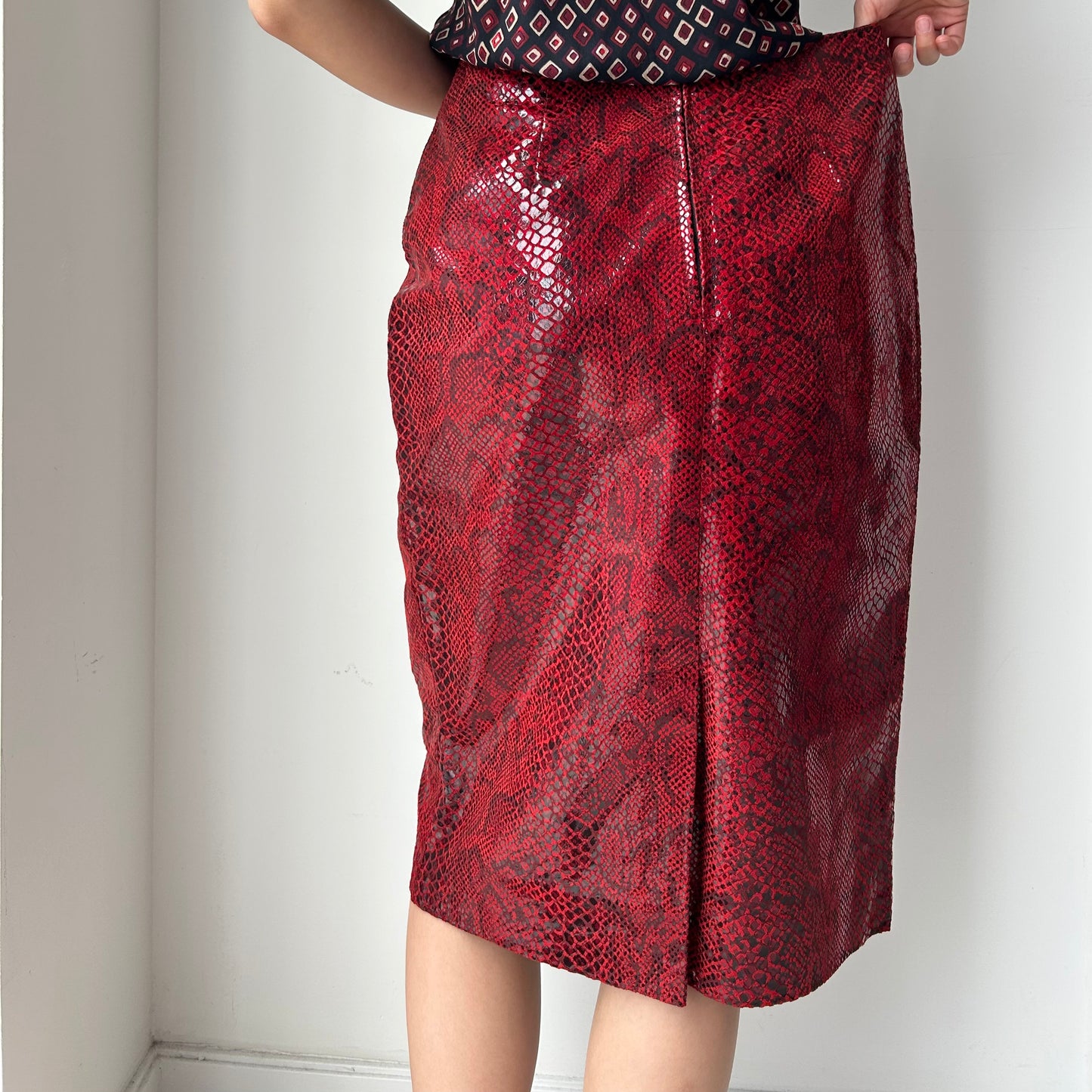 Danier Red Snake-Embossed Leather Pencil Skirt - Medium