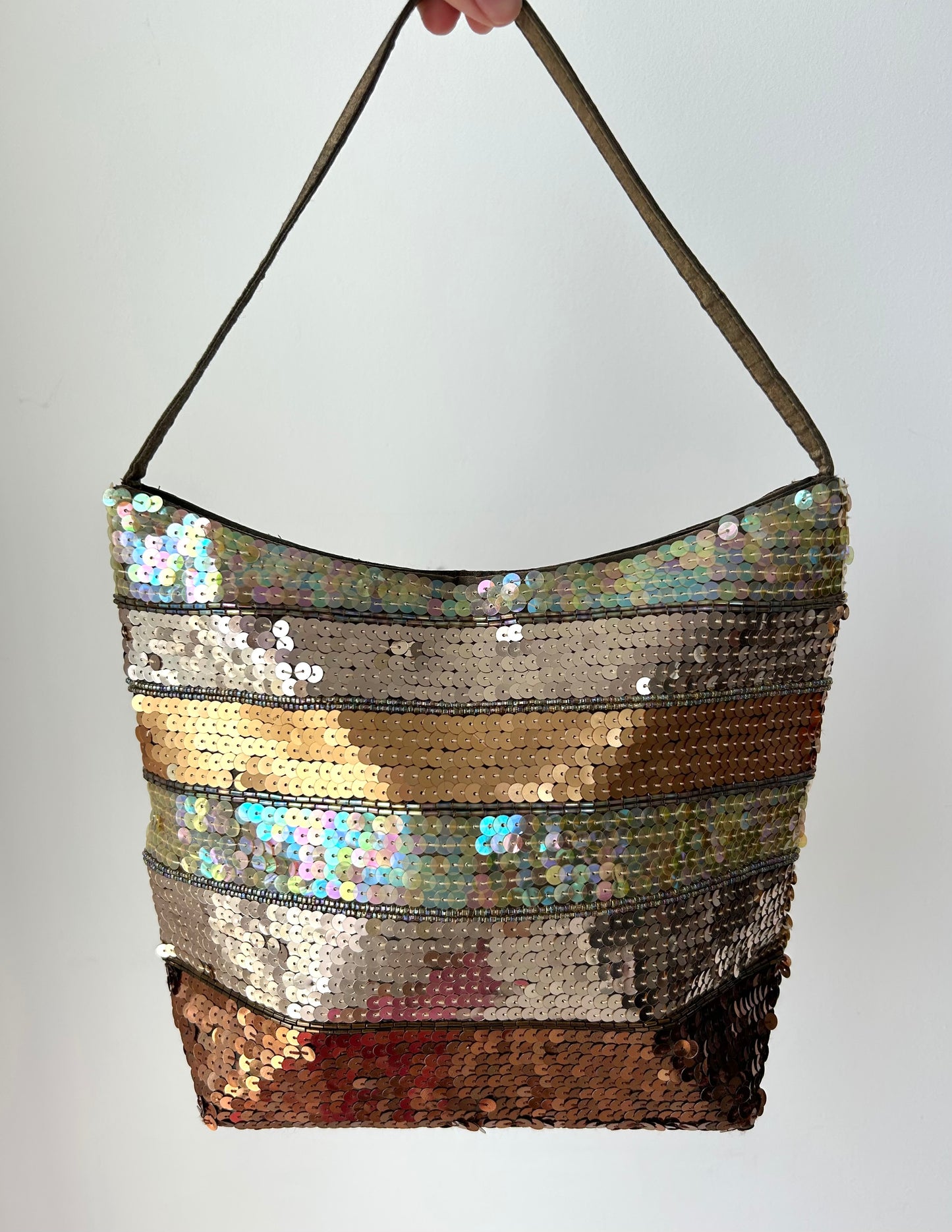 Green and Brown Sequin Top Handle Bag