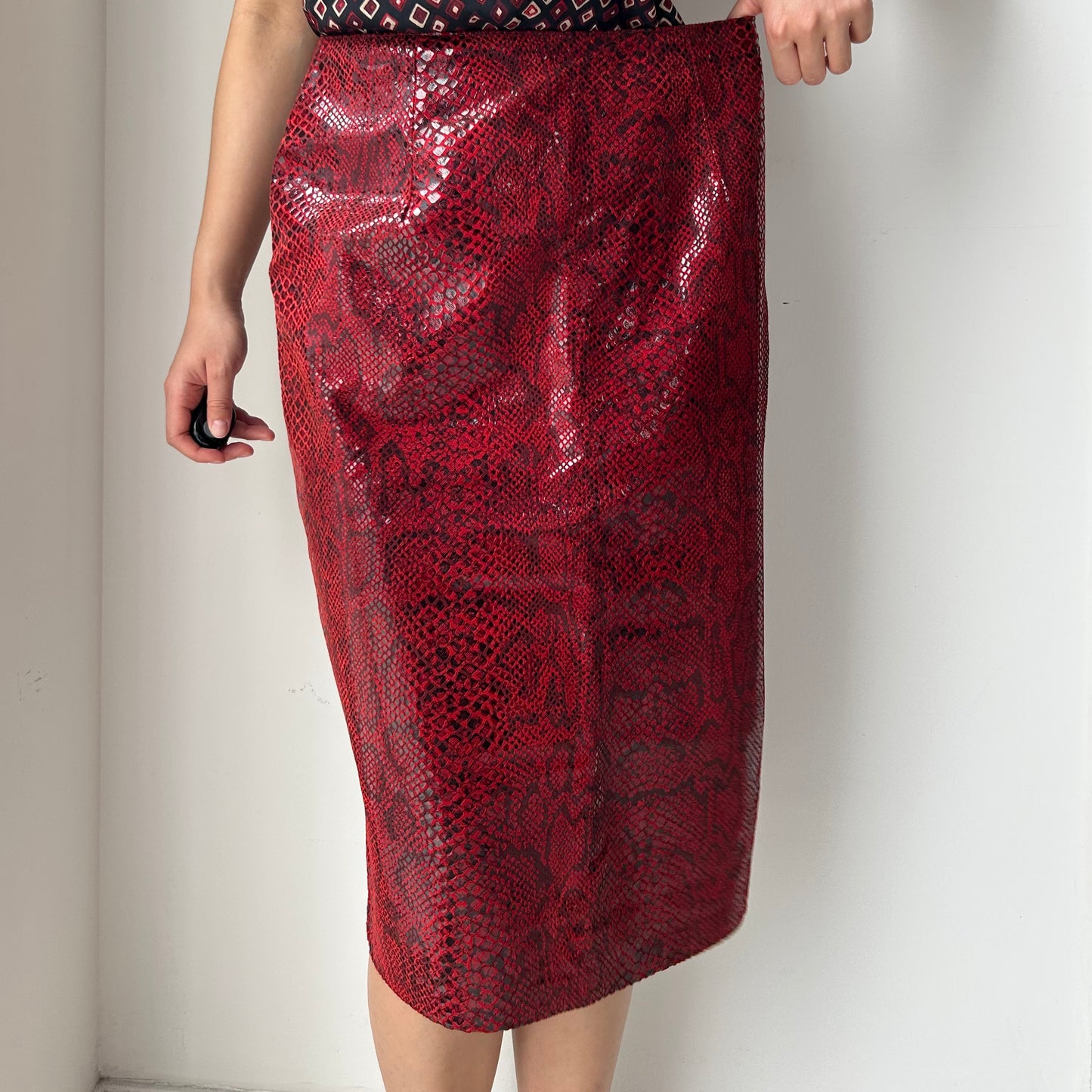 Danier Red Snake-Embossed Leather Pencil Skirt - Medium