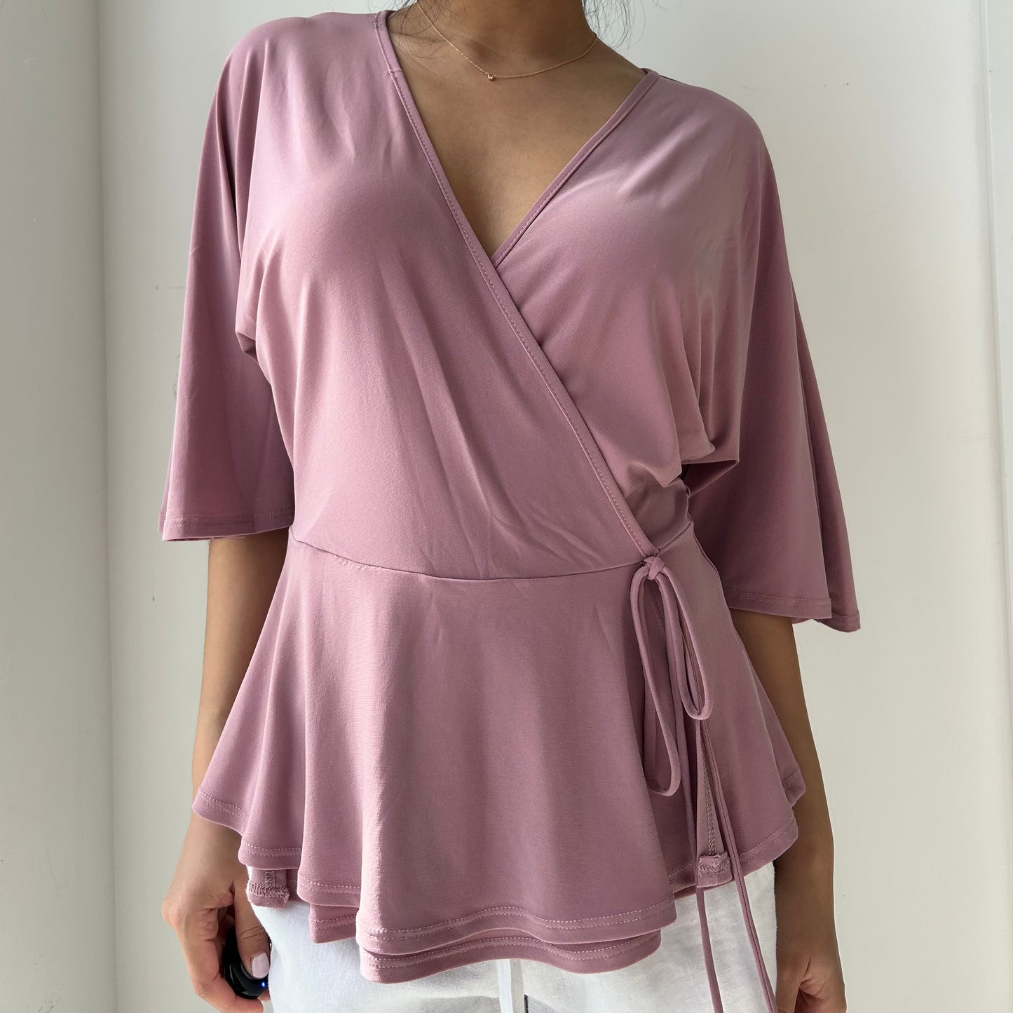 Made in USA Dusty Rose Wrap Peplum Top - Small