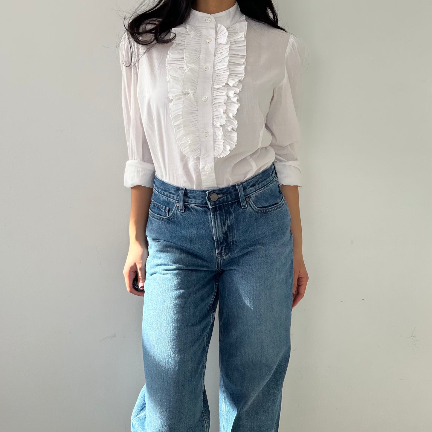 LIU JO White Ruffle Cotton Blouse - Large