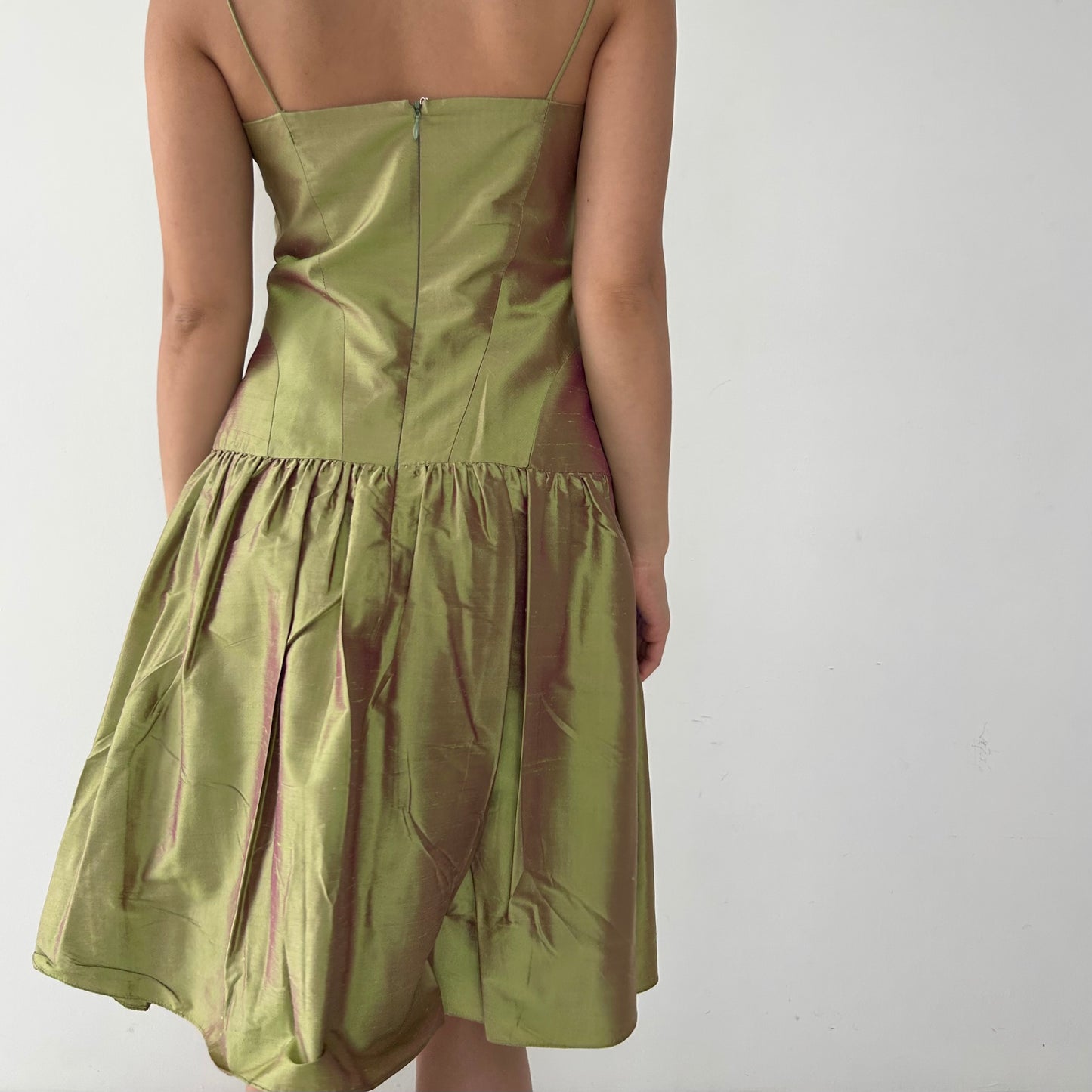 Vintage 90s Made in USA Nicole Miller Green Silk Drop Waist Mini Dress - Small