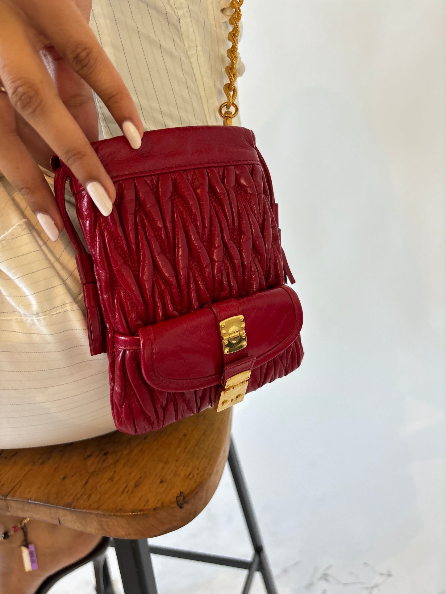 2003 Miu Miu Cherry Red Matelassé Leather Chain-link Crossbody Bag