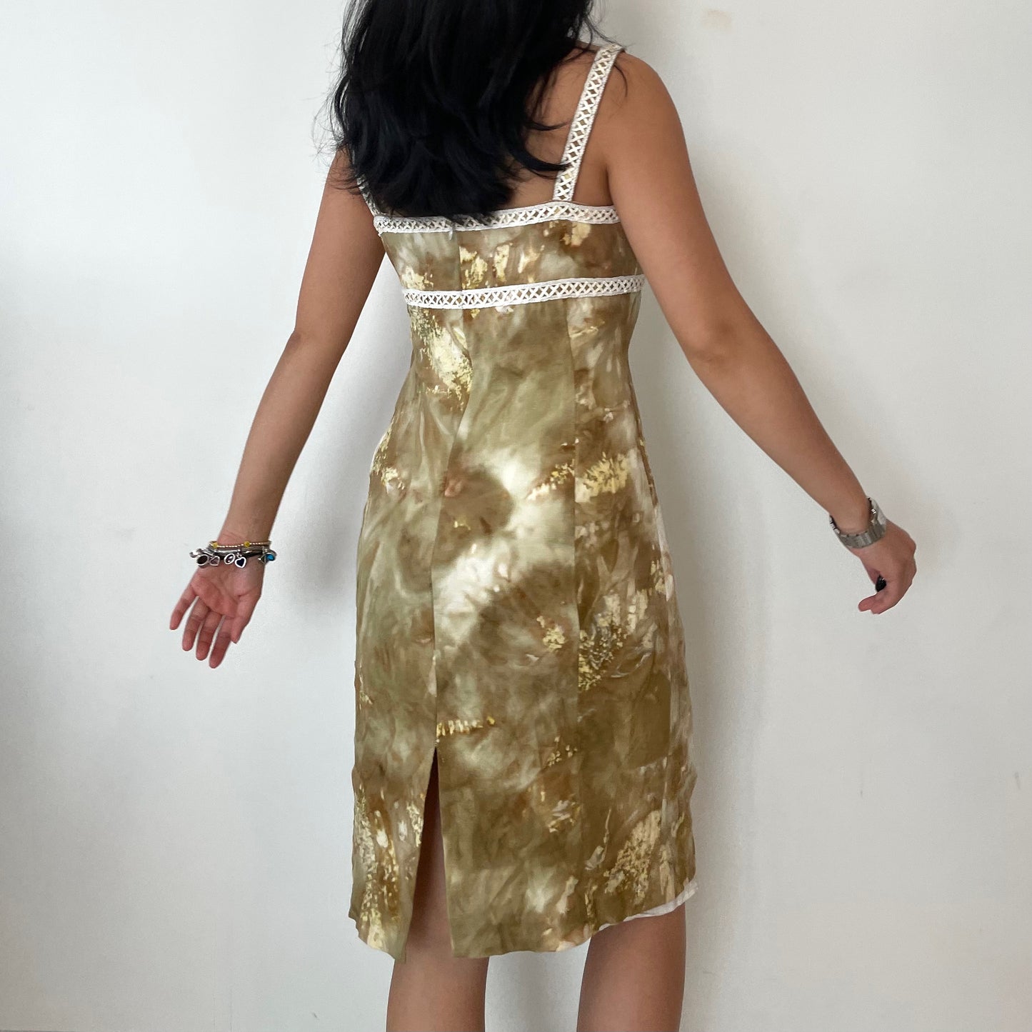 Vintage Franco Mirabelli Ochre Tie Dye White Lace Up Trim Knee Length Dress - Small