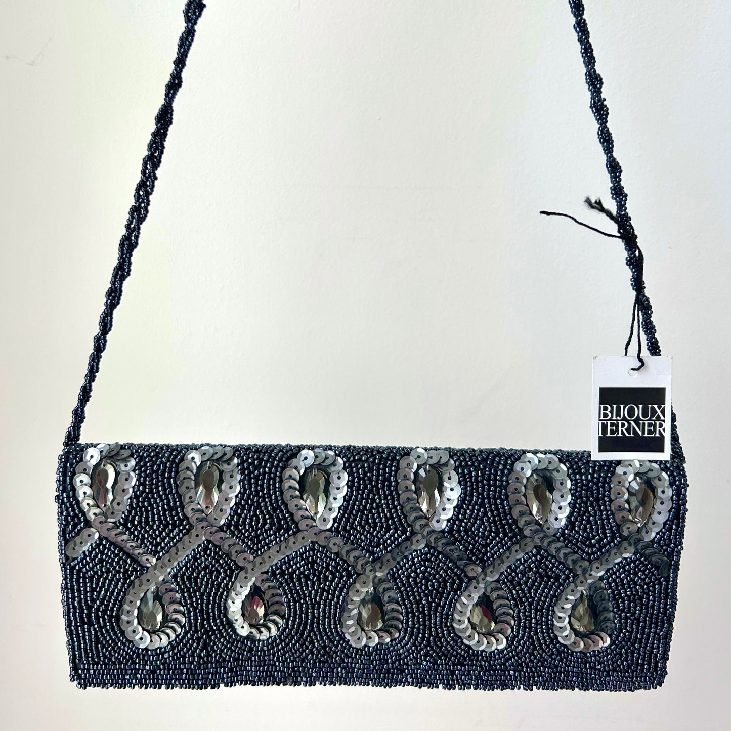 Blue Beaded Clutch Bag with Crossbody Strap