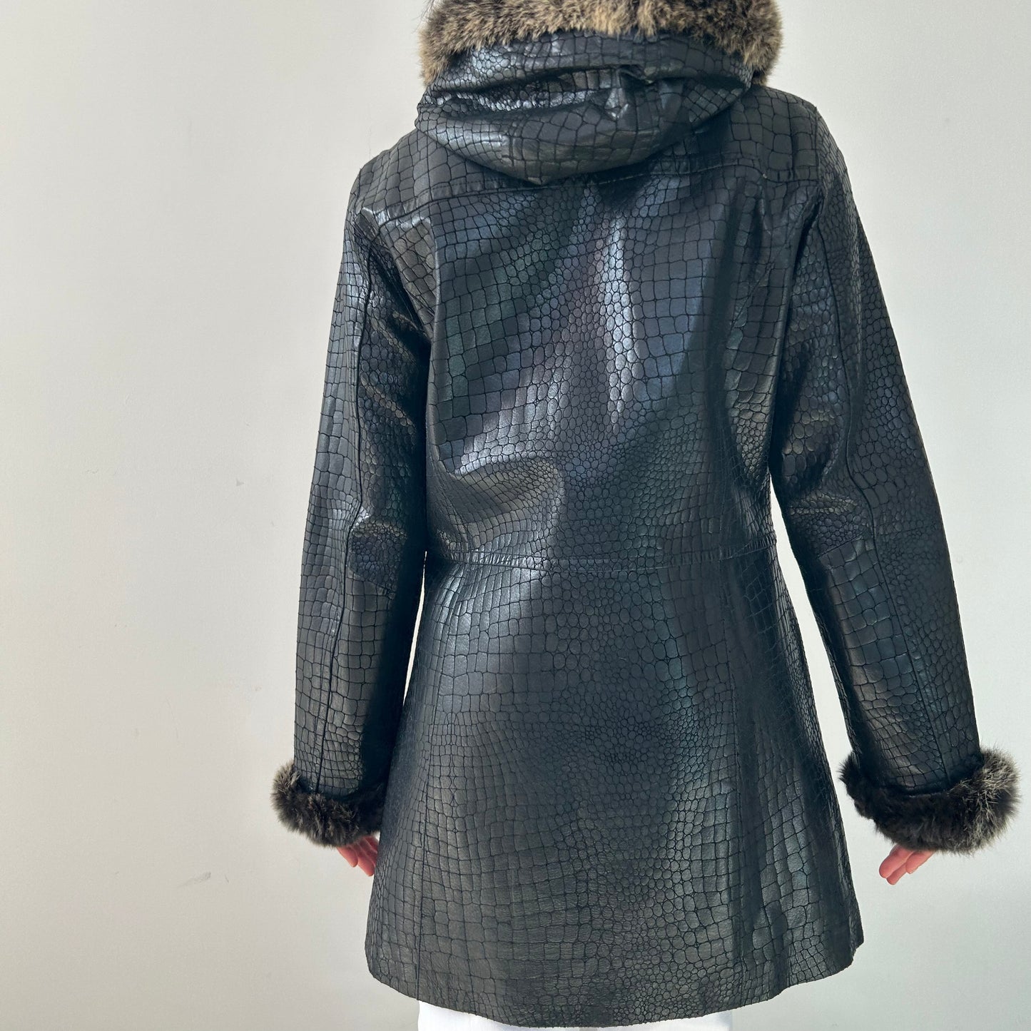 Black Embossed Leather Coat with Rabbit Fur Trim - Medium