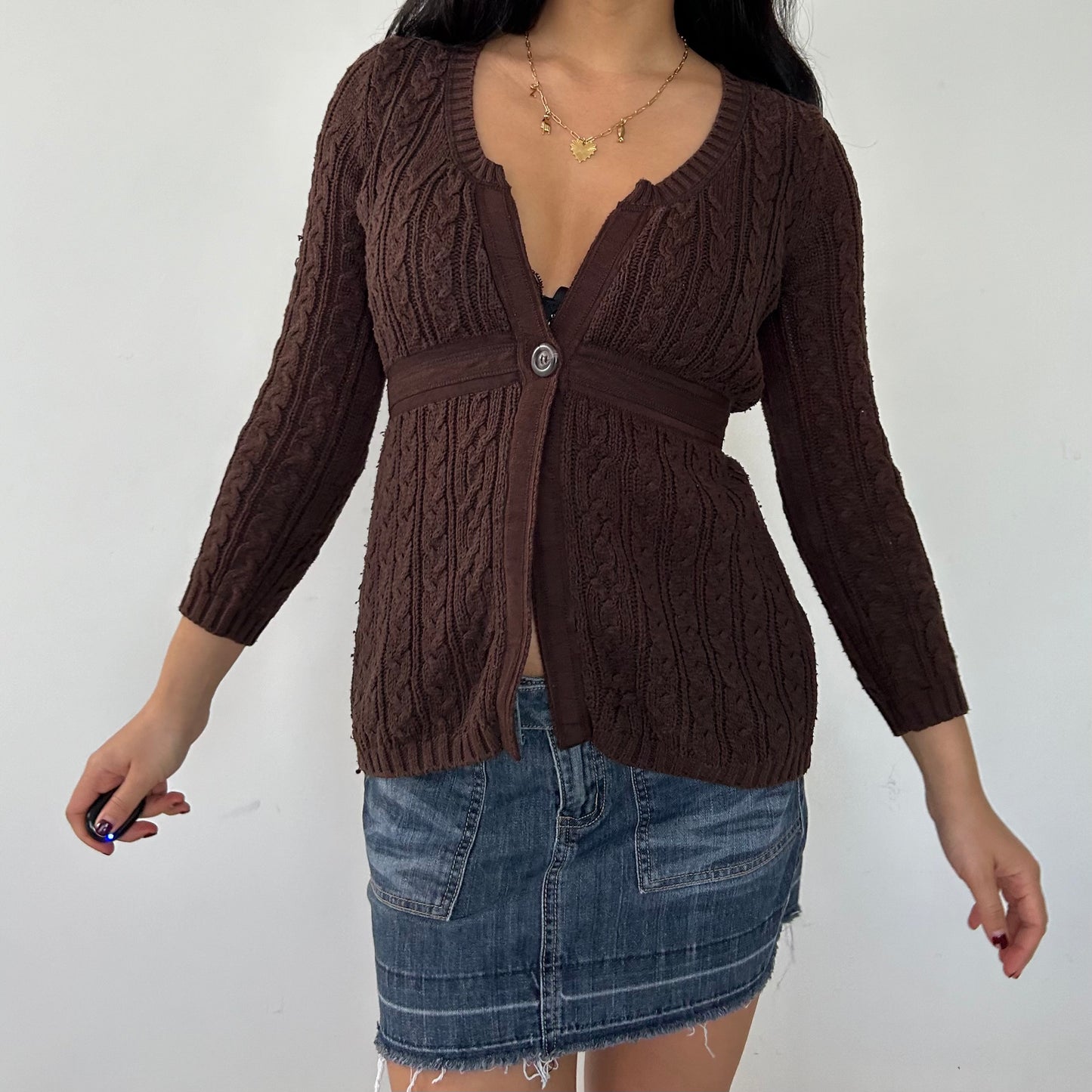 Brown Cable Knit V-Neck Tie Waist Babydoll Cardigan - Small