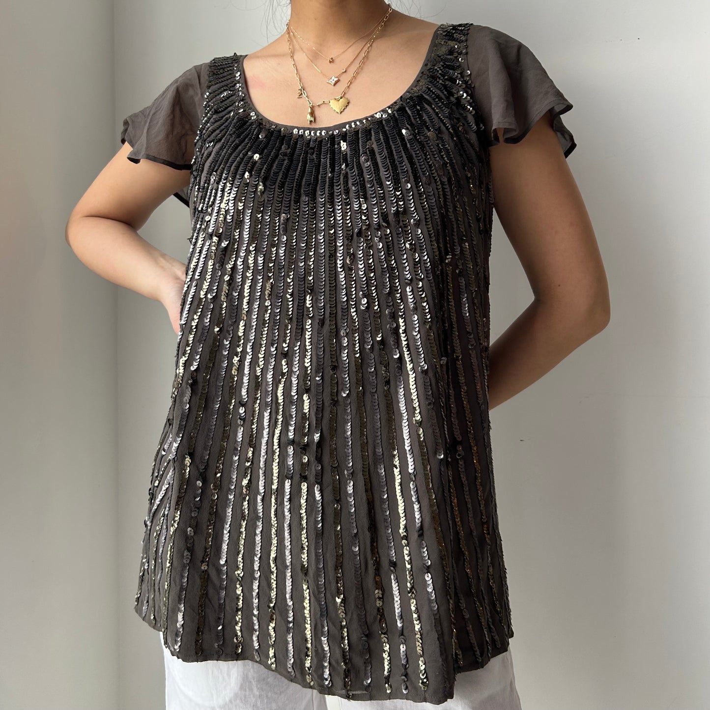 St. John Couture Brown Silk Sequin Blouse - Medium