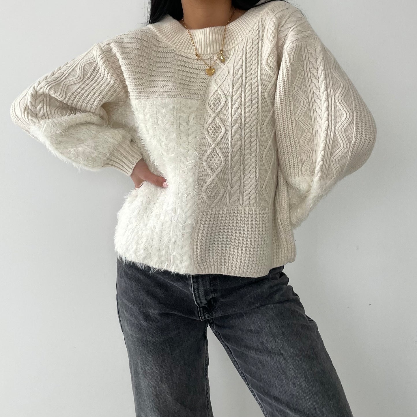 Cream Wool and Camel Blend Fuzzy Knit - Medium