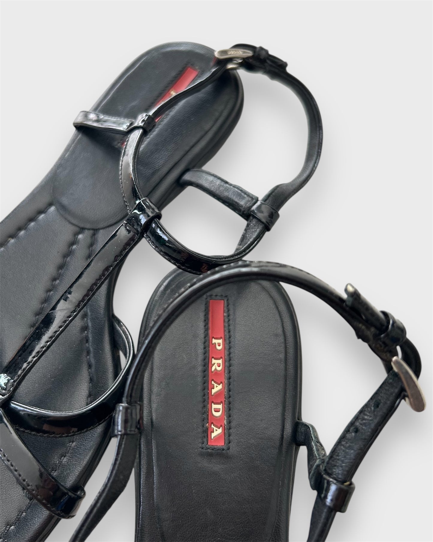 Prada Black Patent Leather Strappy Sandals - Size 38