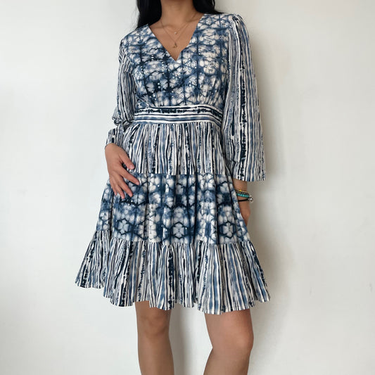 Anthropologie Not So Serious by Pallavi Mohan Blue and White Tie Dye Effect Long Sleeve Mini Dress - Small