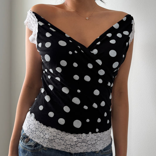 French Brand Black Polka-Dot Lace-Trim Top - Small
