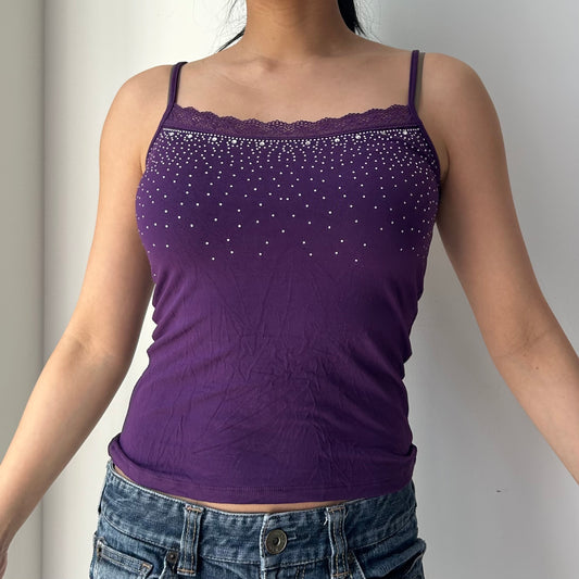 Purple Square Neck Rhinestone Bedazzled Cami Top - Small