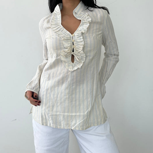 BNWT Sisley Cream Striped Ruffle Collar Blouse - Small/Medium