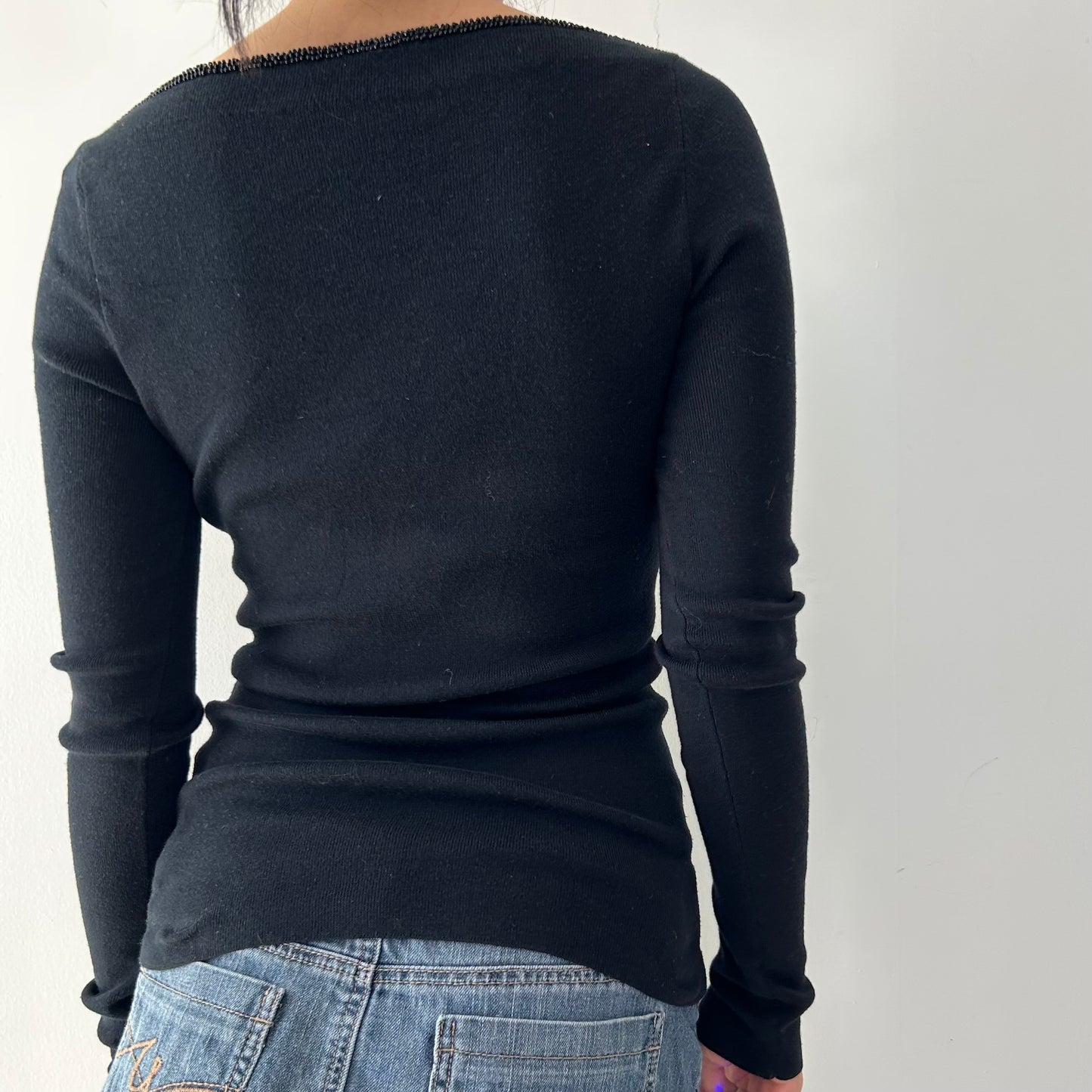 Holt Renfrew Black Beaded Boat Neck Cotton and Silk Knit Top - Medium