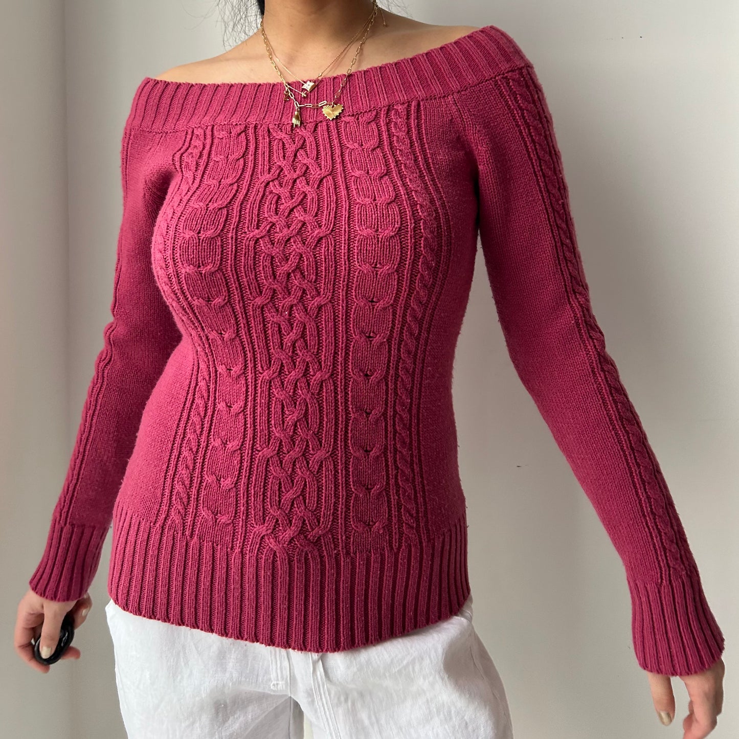 Raspberry Pink Cable Knit Off Shoulder Long Sleeve Top - X-Small