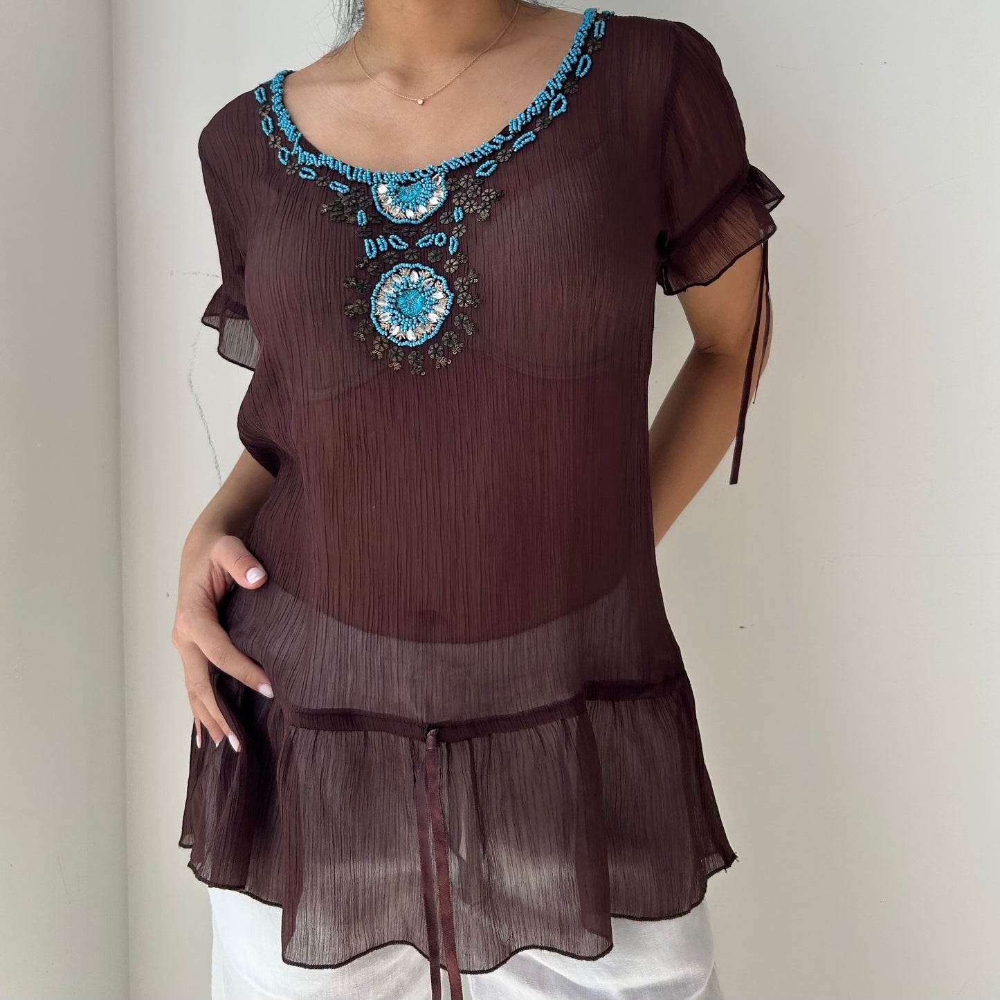 Brown Short Sleeve Sheer Embellished Top - Medium
