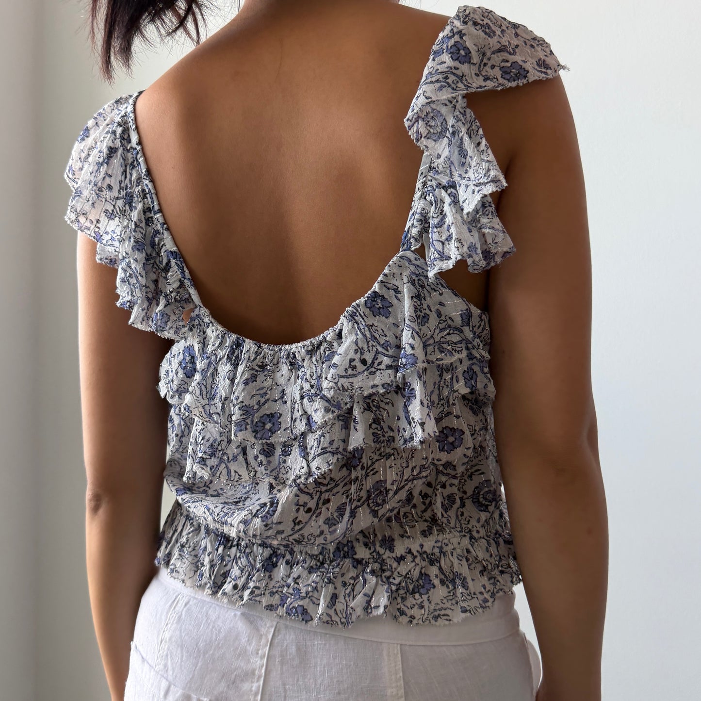 Saylor Blue and White Floral Ruffle Tank - Medium