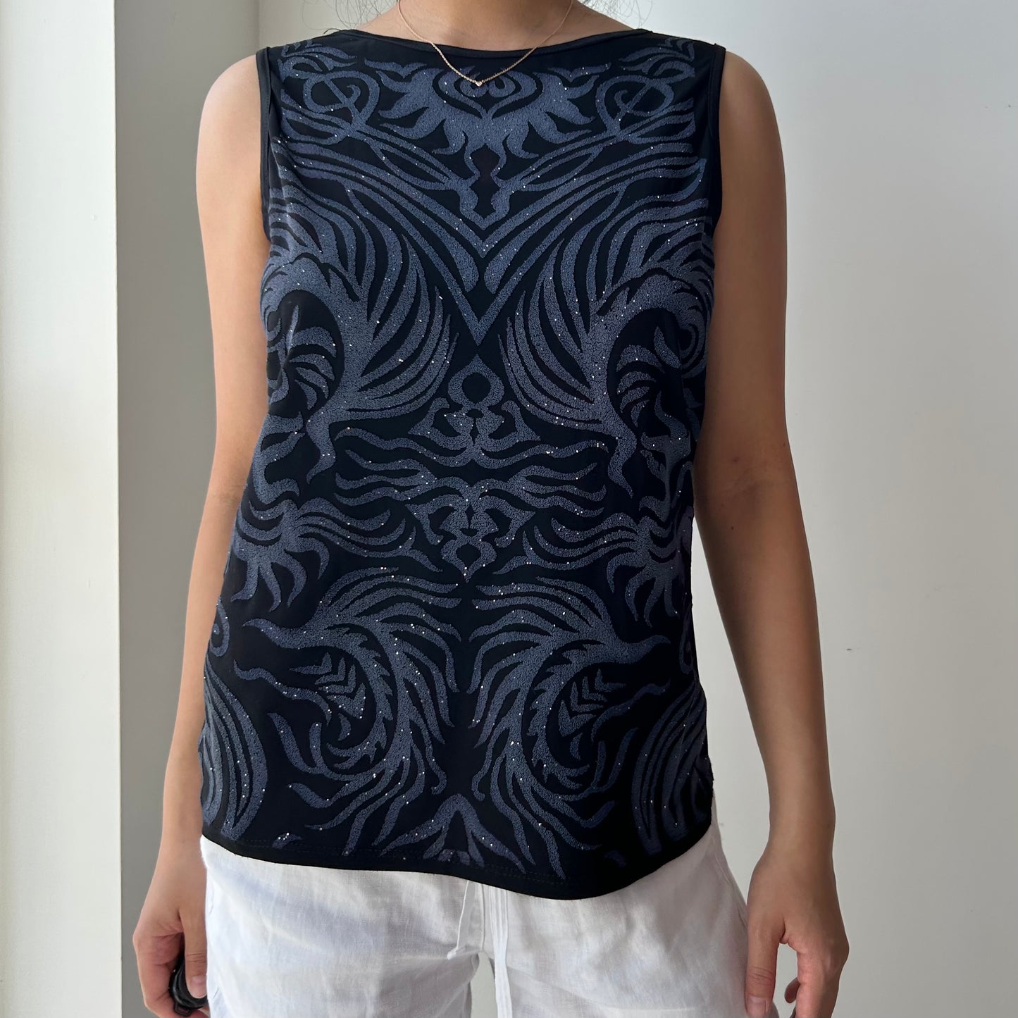 90s Made in Canada Black Sleeveless Textured Swirl Top - Large