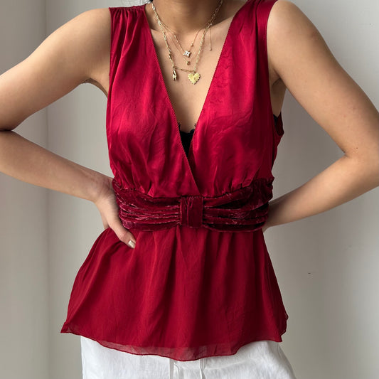 Studio M Red Sleeveless V-Neck Silk Blouse with Velvet Bow - Medium
