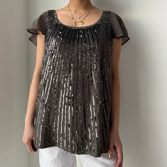 St. John Couture Brown Silk Sequin Blouse - Medium