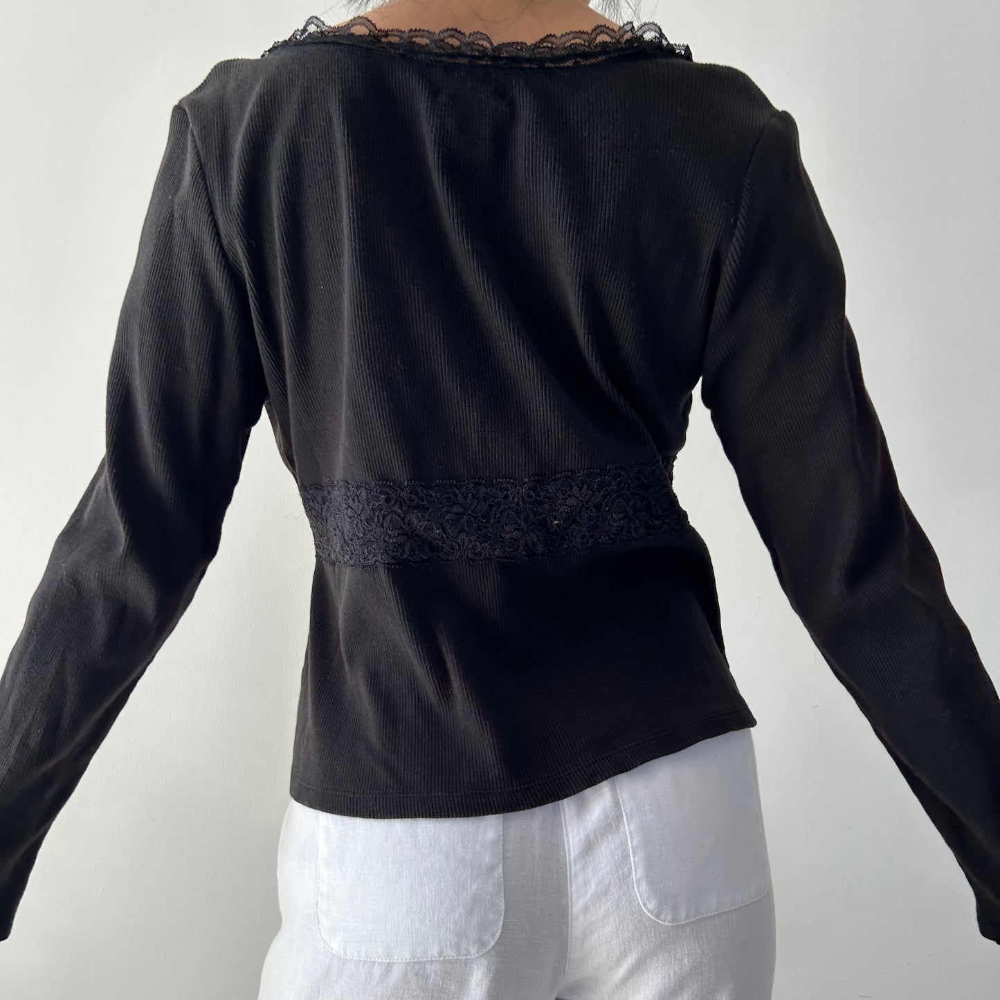 Black Long Sleeve Lace Trim Corset Style Top - Large