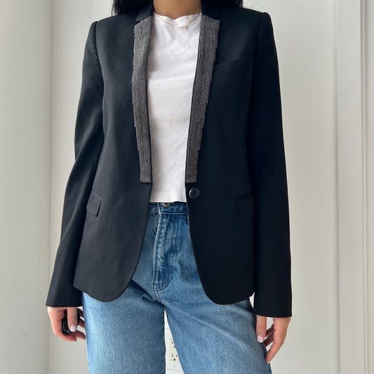 The Kooples Black Chainmail Embellished Wool Lapel Blazer - X-Small