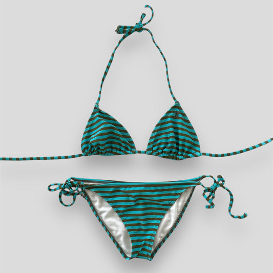 Made in USA Hurley Blue and Brown Striped String Bikini - Medium