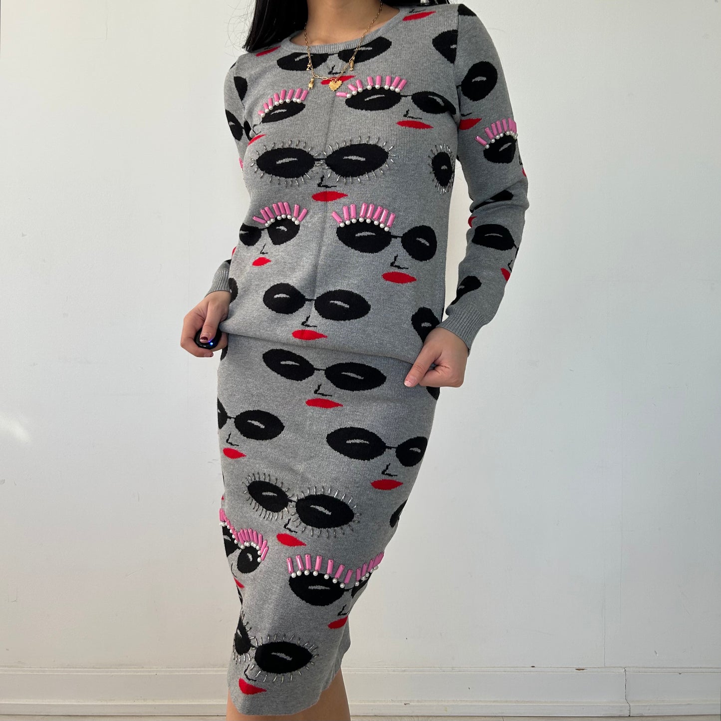May Queen Grey Graphic Face Intarsia Knit Set - X-Small