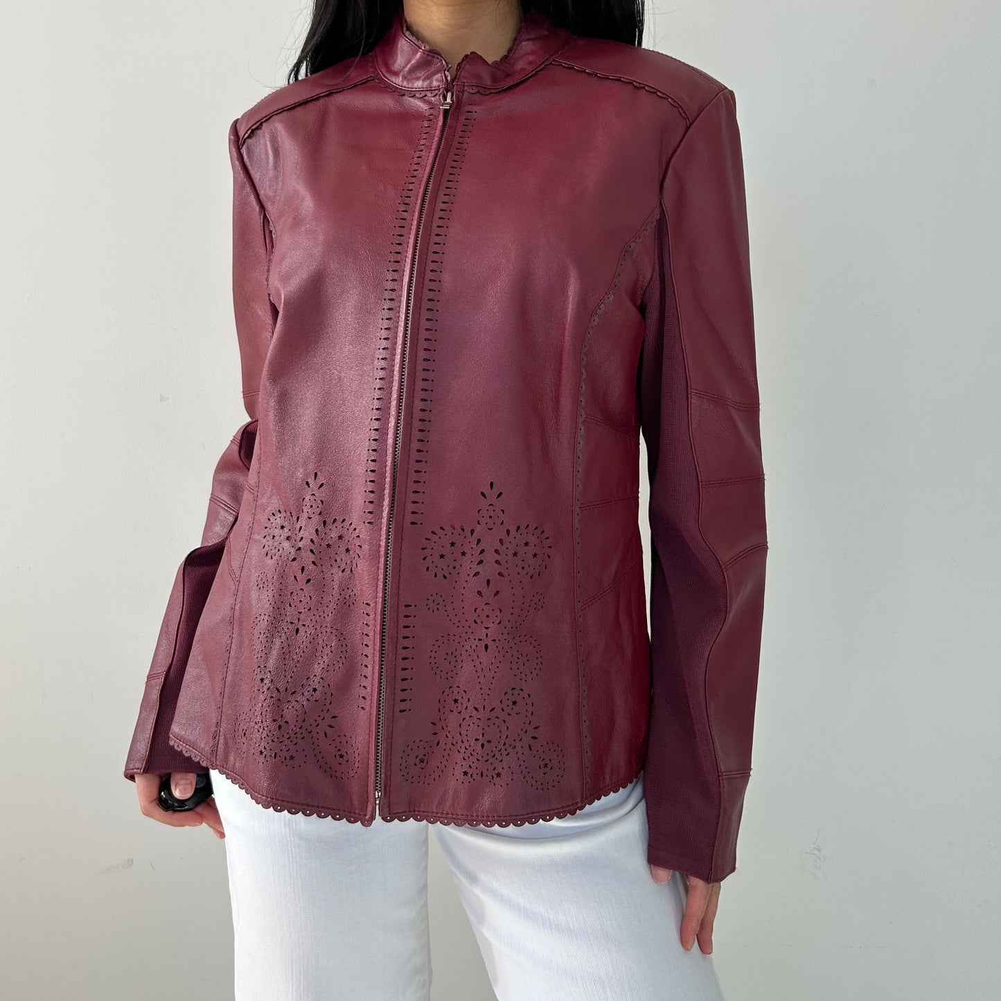 Cherry Red Perforated Leather Jacket - Large