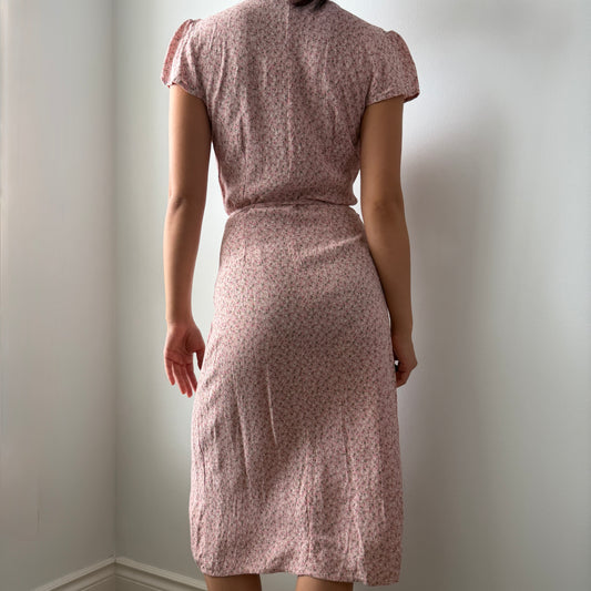 Old Label Brandy Melville Pink Short Sleeve Floral Wrap Midi Dress - X-Small