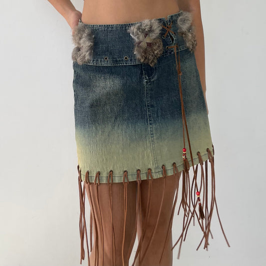 UB Jeans Denim Fringed Mini Skirt - Medium