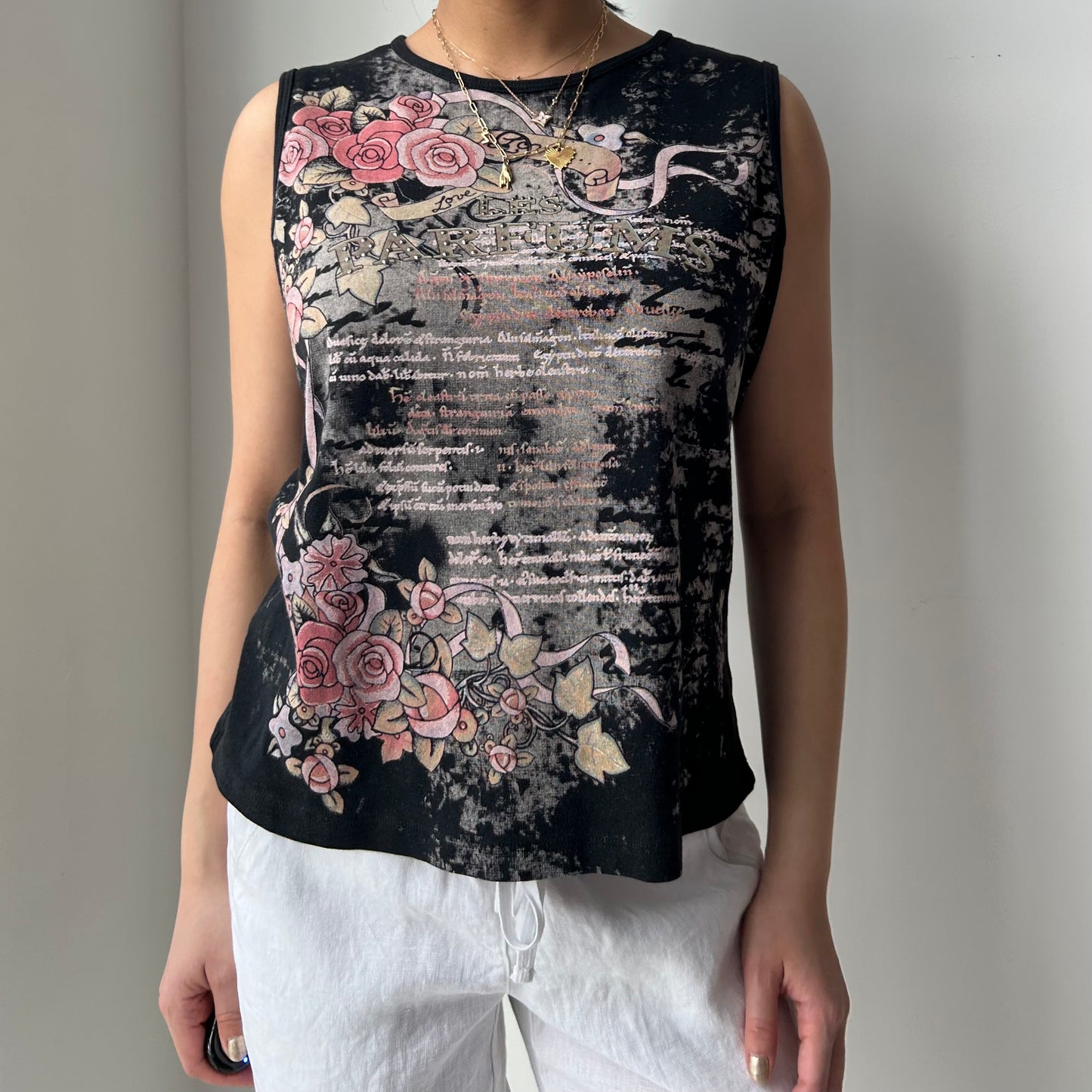 Vintage 1990s Made in USA Susan Lawrence Black Graphic Muscle Tee - Medium
