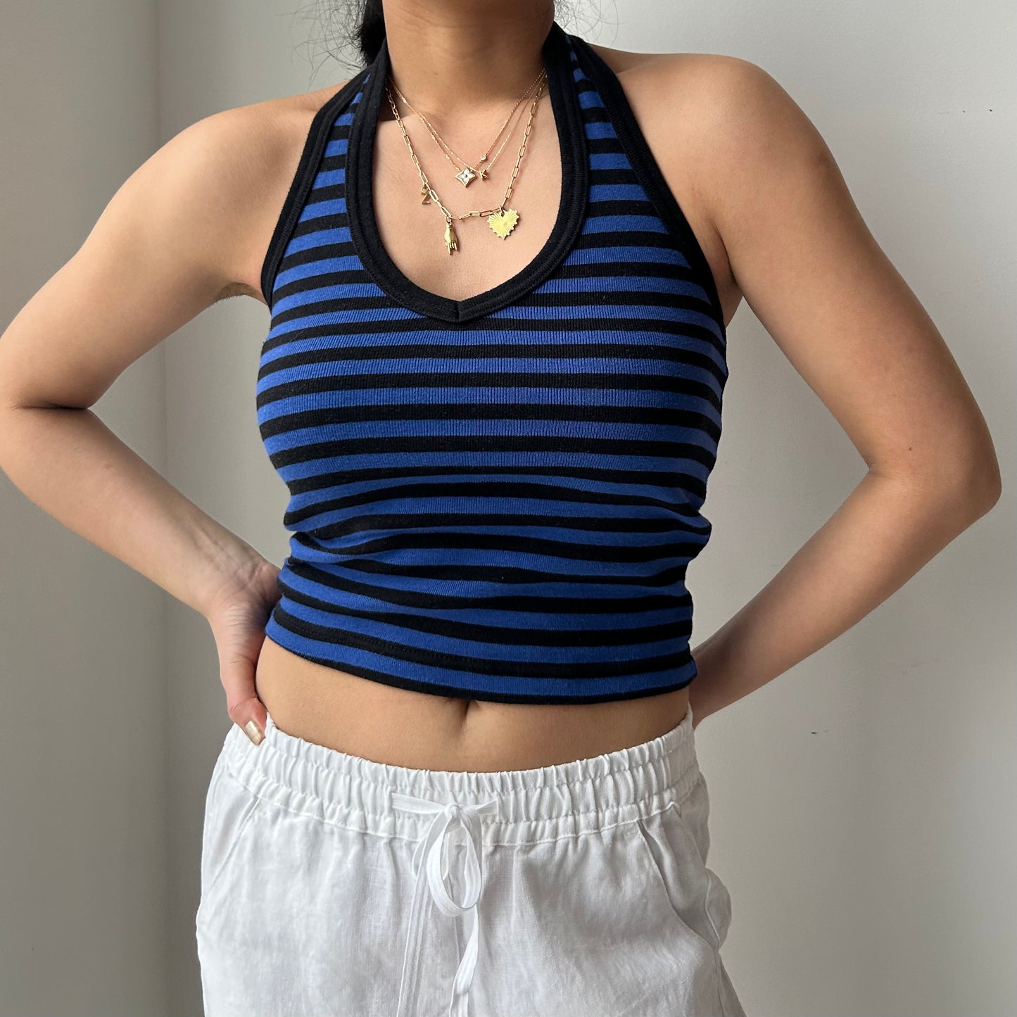 Early 2000s Club Monaco Blue and Black Striped Halter Top - X-Small