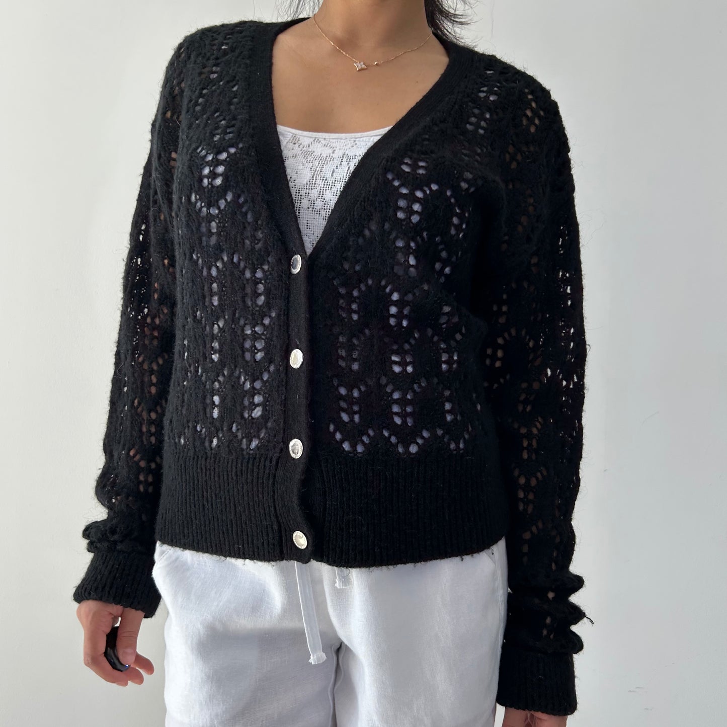 Morgan de Toi Black Wool and Alpaca Open Knit Cardigan - Small
