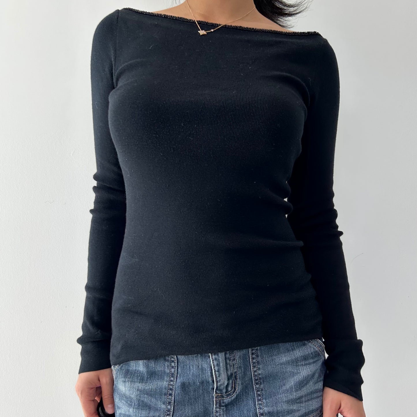 Holt Renfrew Black Beaded Boat Neck Cotton and Silk Knit Top - Medium