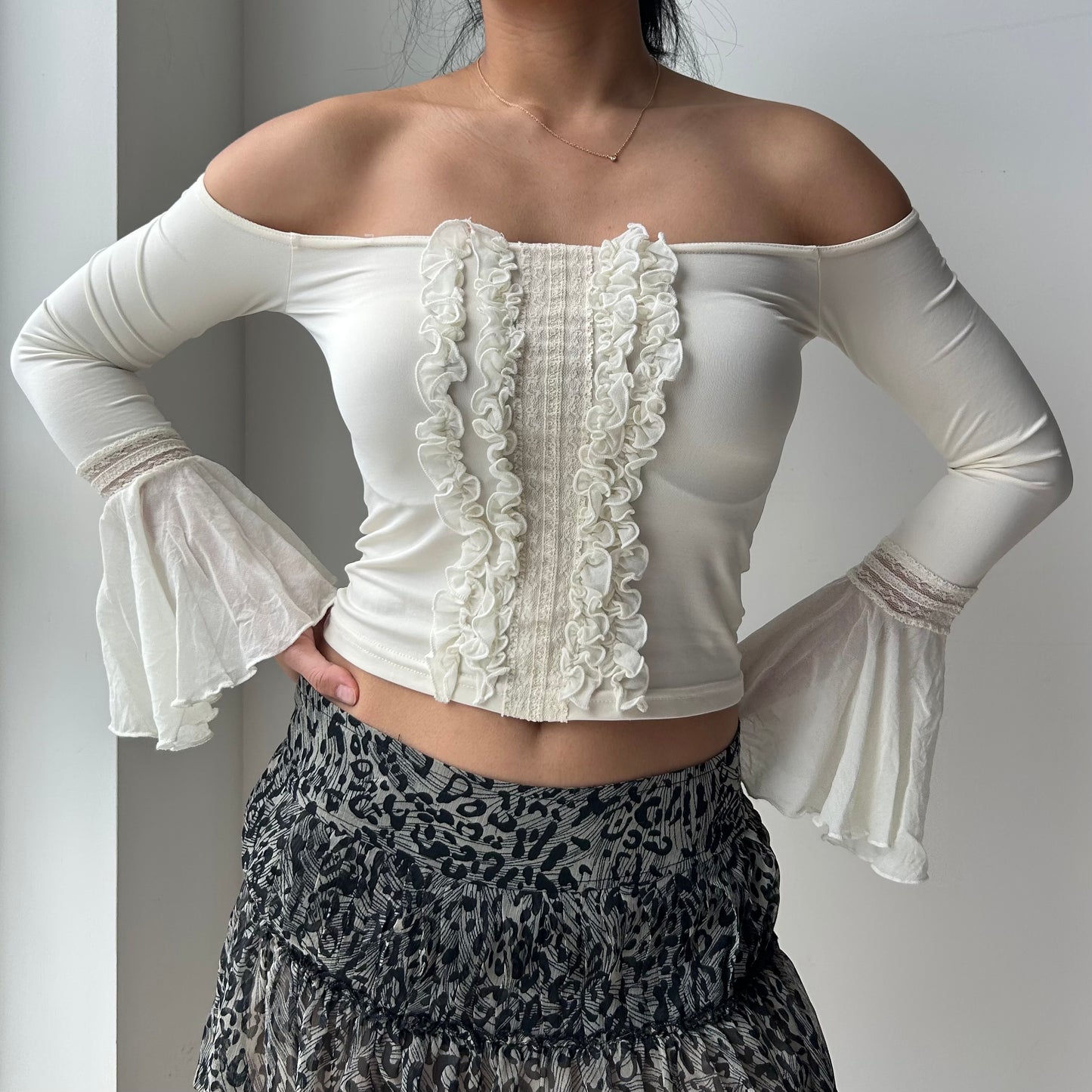 Made in Italy Cream Off-Shoulder Ruffle Lace Top with Bell Sleeves - X-Small
