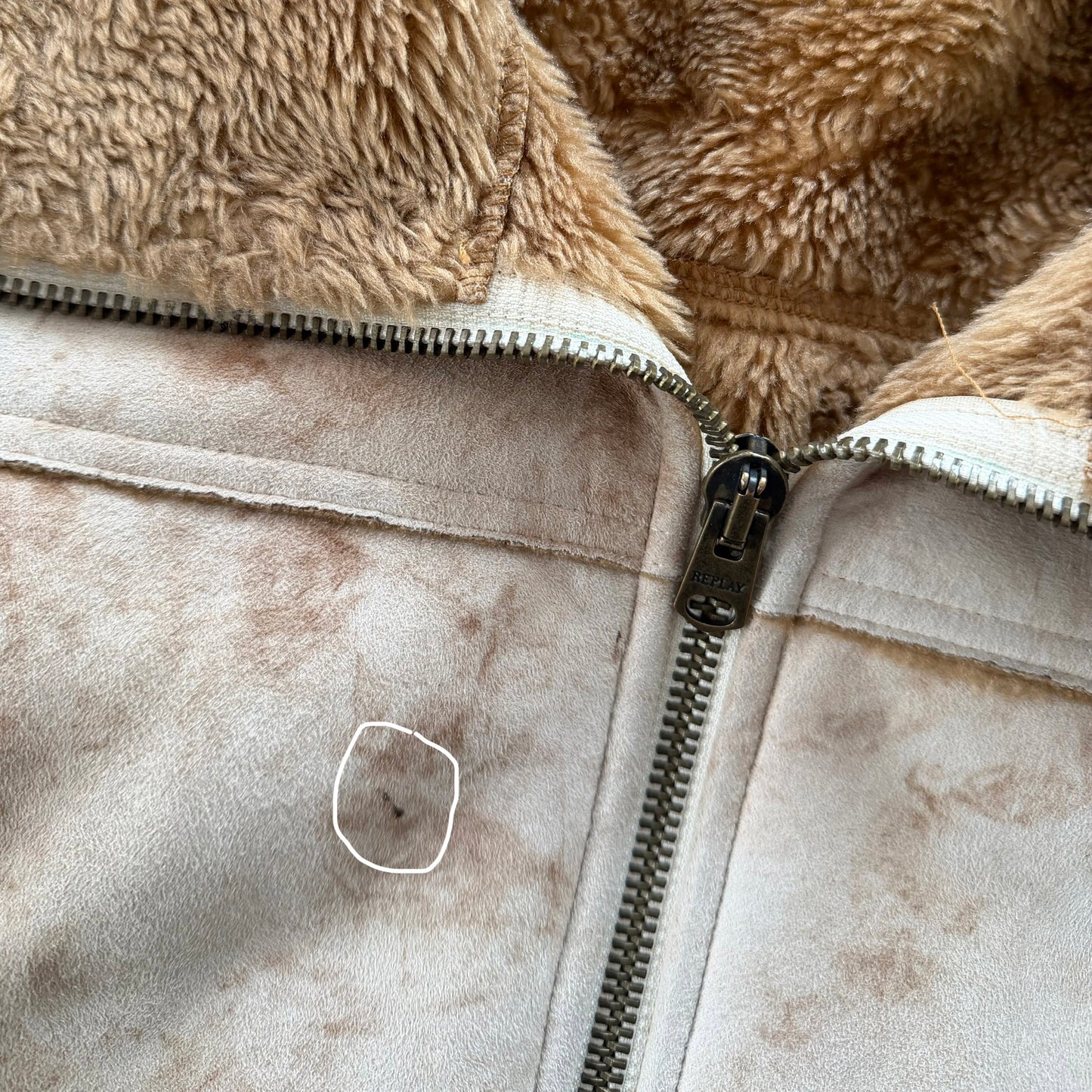 Replay Beige Faux Shearling Double Zip Coat - Small