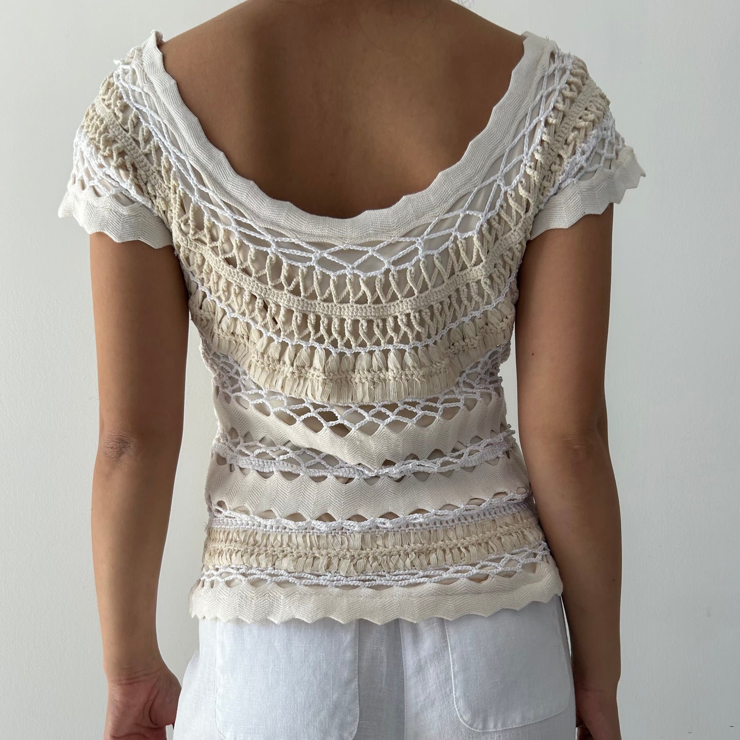 Summum Linen Blend Crochet Open-Knit Top - Large
