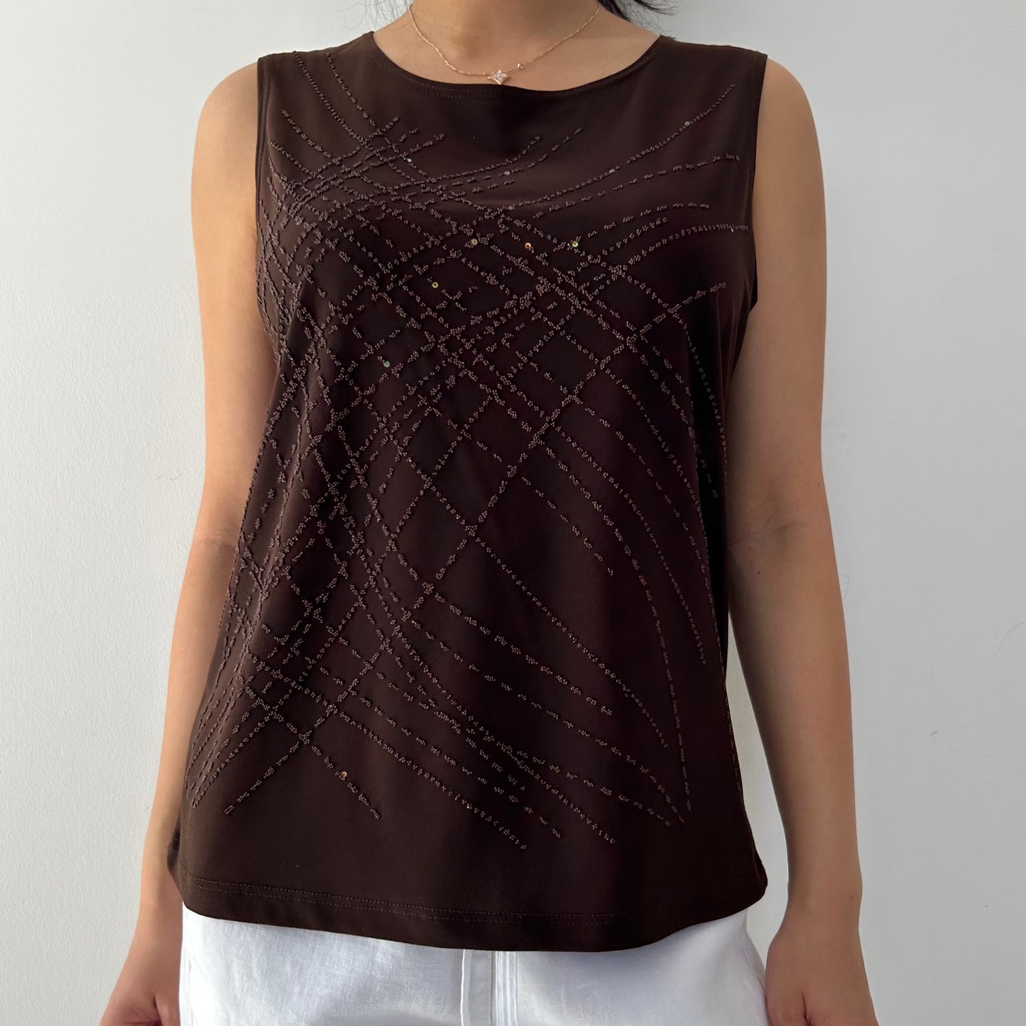 Vintage Made in USA Chocolate Brown Embellished Tank - Large