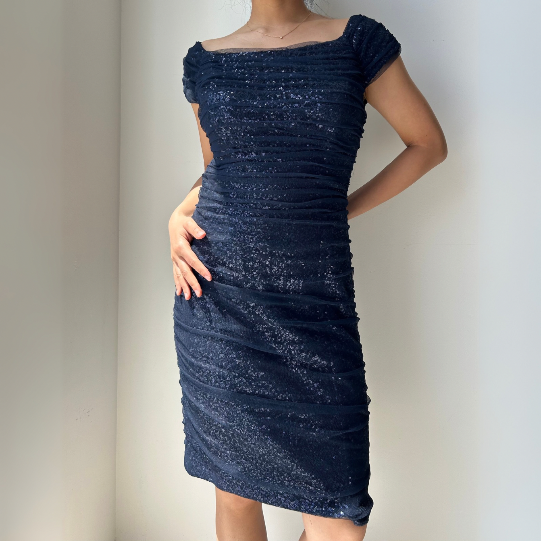 Lauren Ralph Lauren Evening Navy Ruched Sequin Mini Dress - Medium