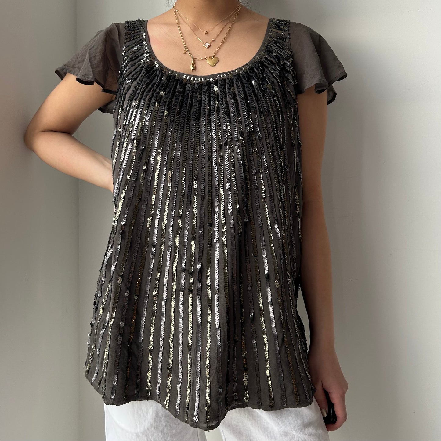 St. John Couture Brown Silk Sequin Blouse - Medium