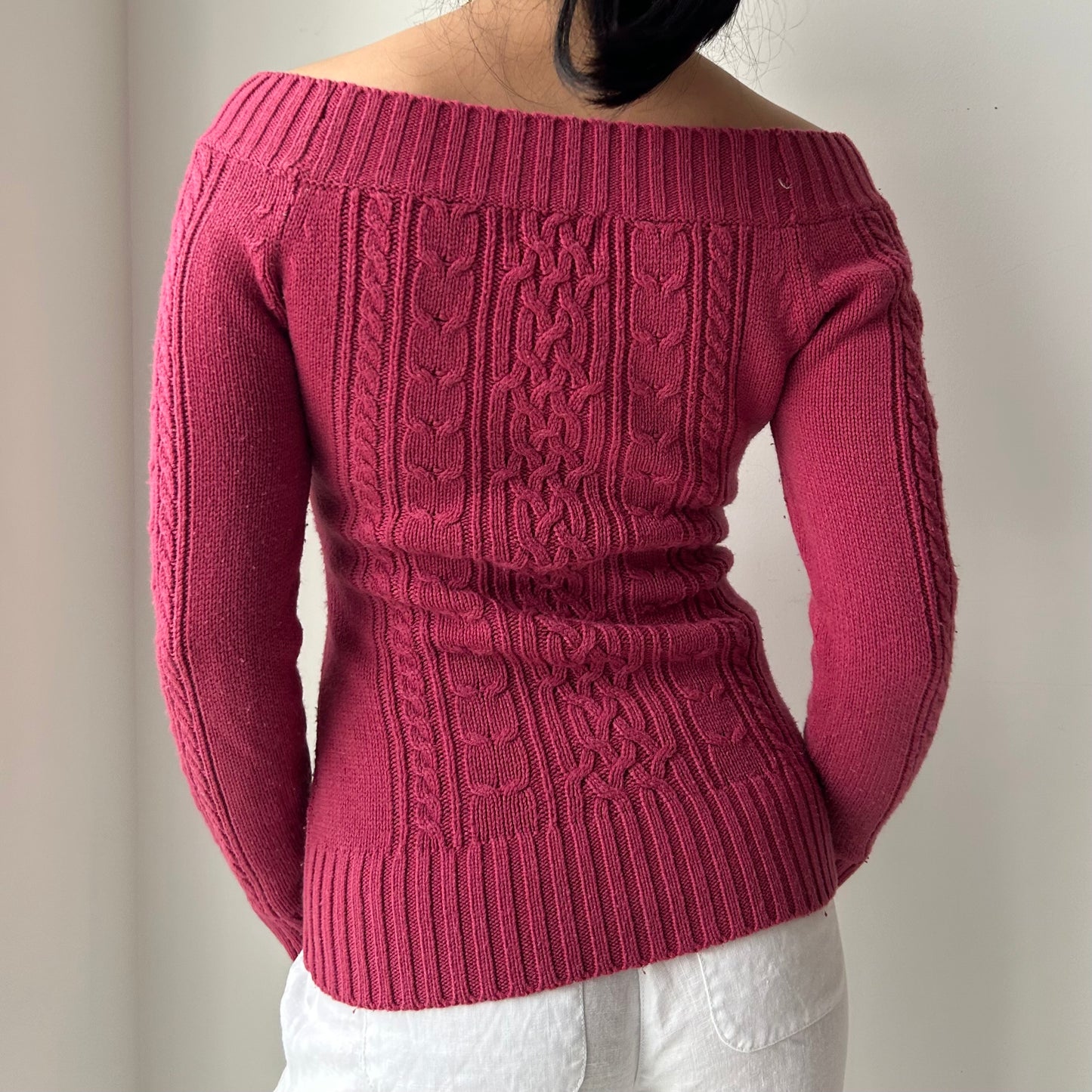 Raspberry Pink Cable Knit Off Shoulder Long Sleeve Top - X-Small
