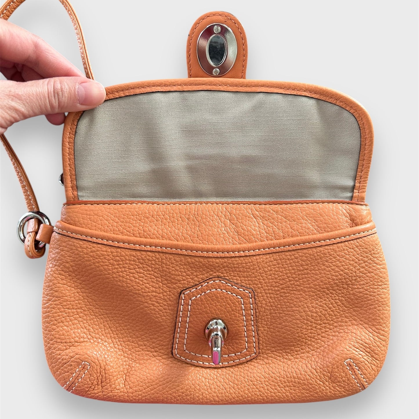 Coach Legacy Orange Pebbled Leather Turnlock Flap Wristlet