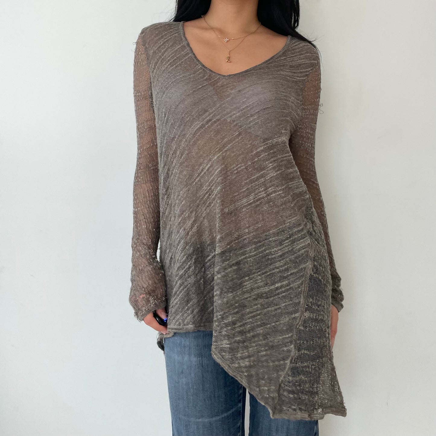 Helmut Lang Grey Long Sleeve V Neck Asymmetrical Knit - Large