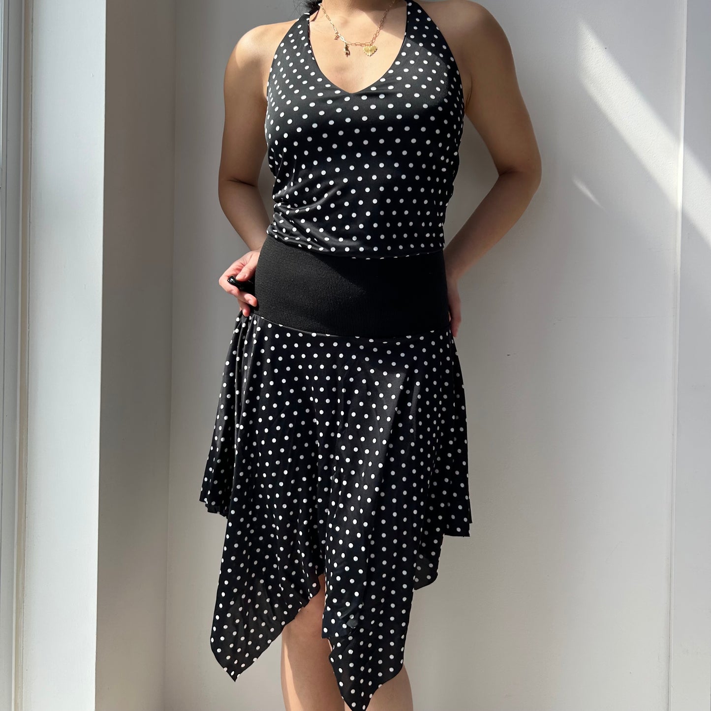 Vintage 90s Black and White Polka Dot Halter Handkerchief Dress - Small