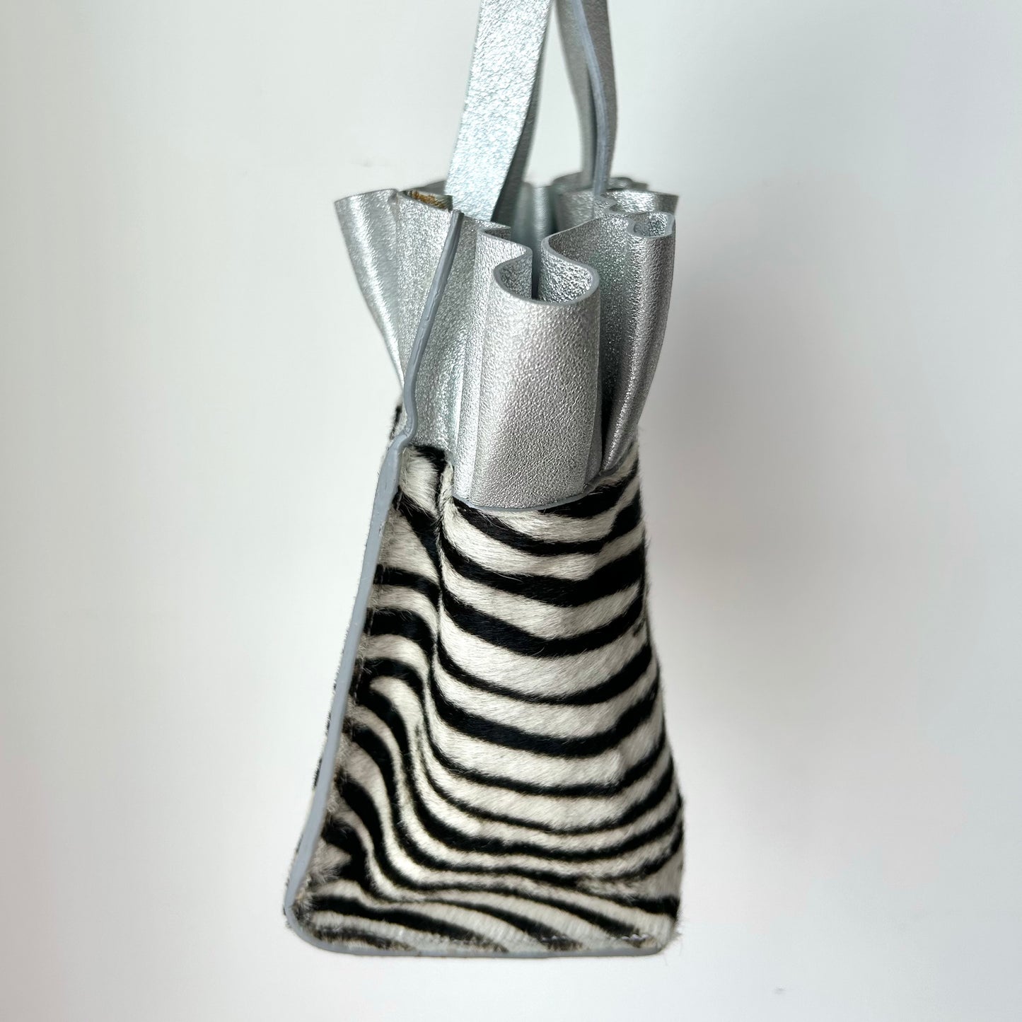 Lia Numa Silver Ruffle and Zebra Calf Hair Crossbody Bag