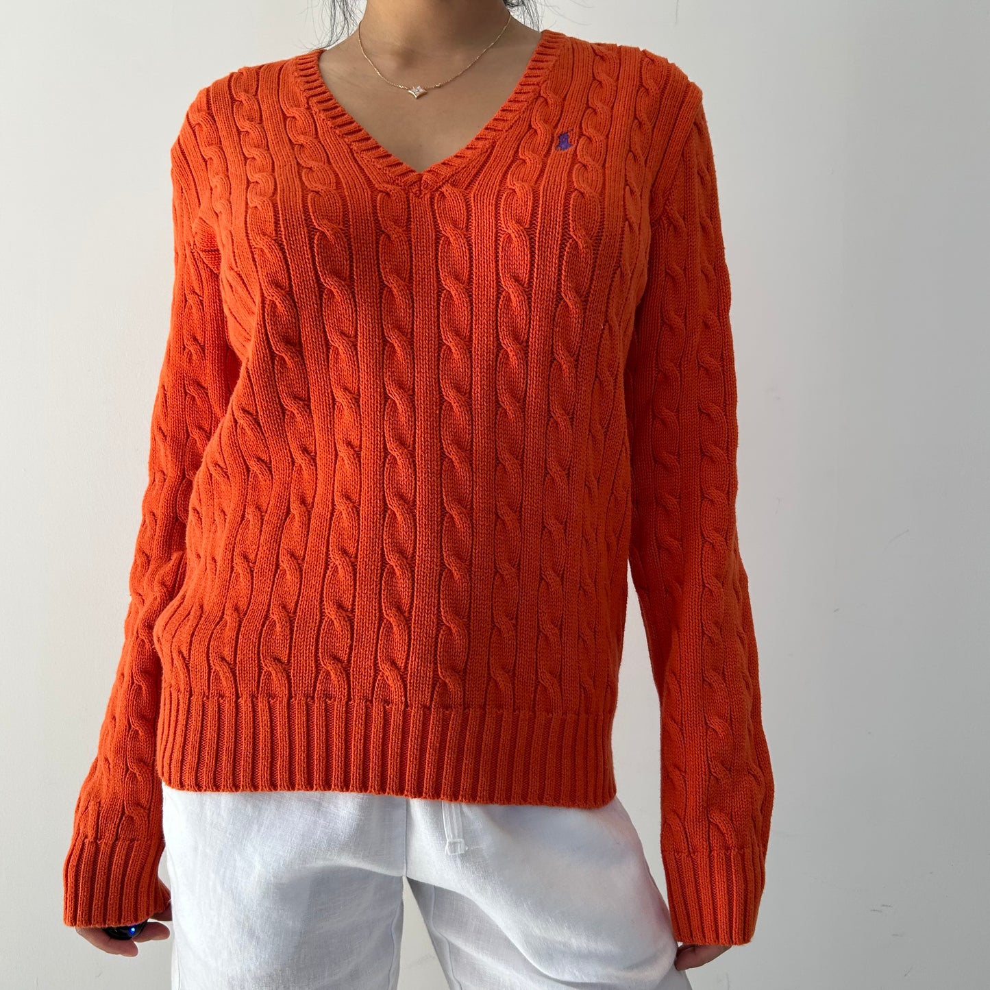Ralph Lauren Sport Orange V-Neck Cable Knit Sweater - Large